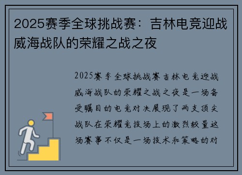 2025赛季全球挑战赛：吉林电竞迎战威海战队的荣耀之战之夜